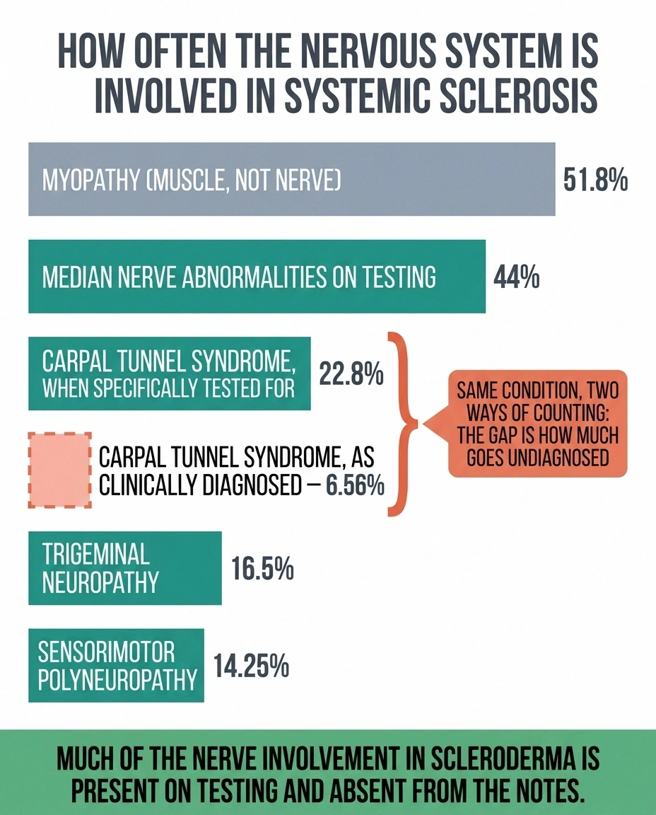 Bar chart of nervous system involvement rates in systemic sclerosis including trigeminal neuropathy at 16.5 percent.