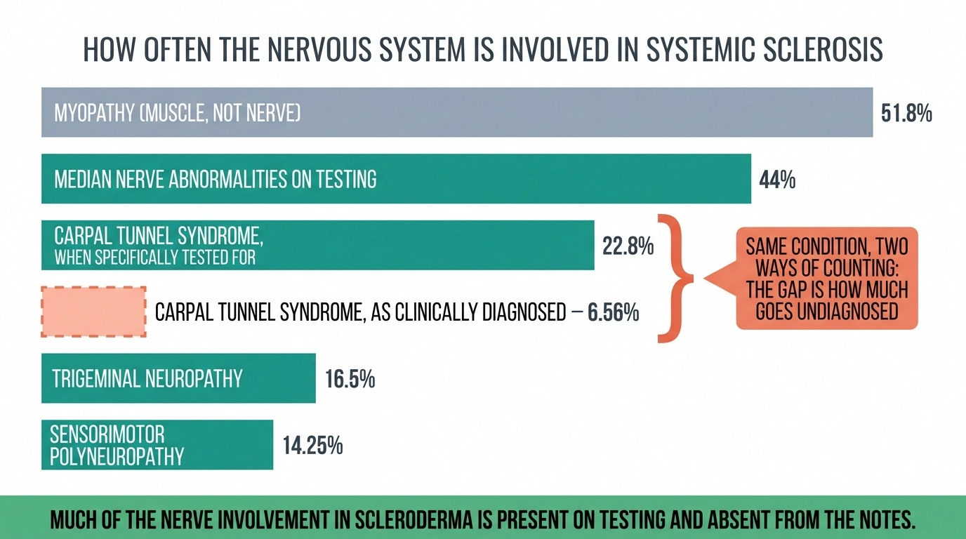 Bar chart of nervous system involvement rates in systemic sclerosis including trigeminal neuropathy at 16.5 percent.