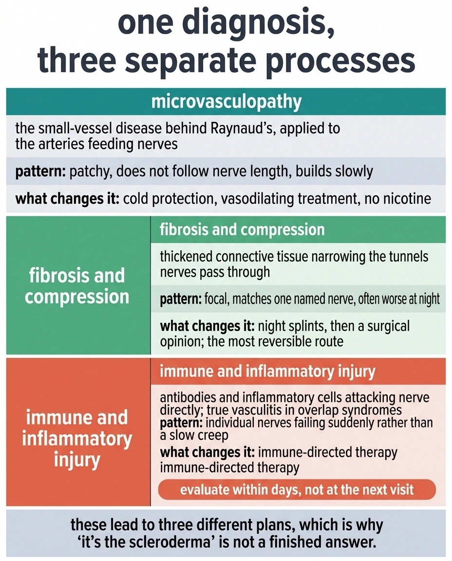 Three-column chart comparing vascular, compressive and inflammatory nerve damage in scleroderma.
