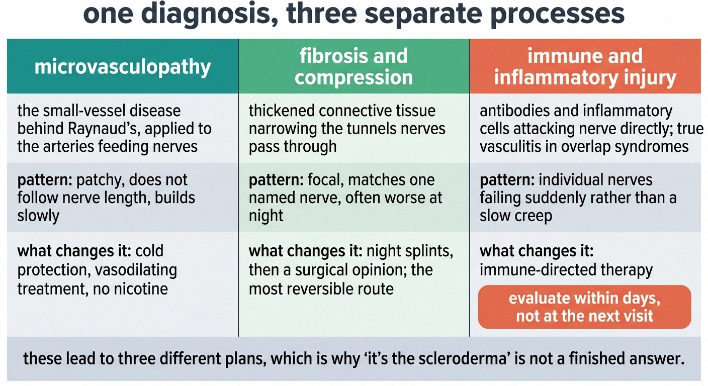 Three-column chart comparing vascular, compressive and inflammatory nerve damage in scleroderma.