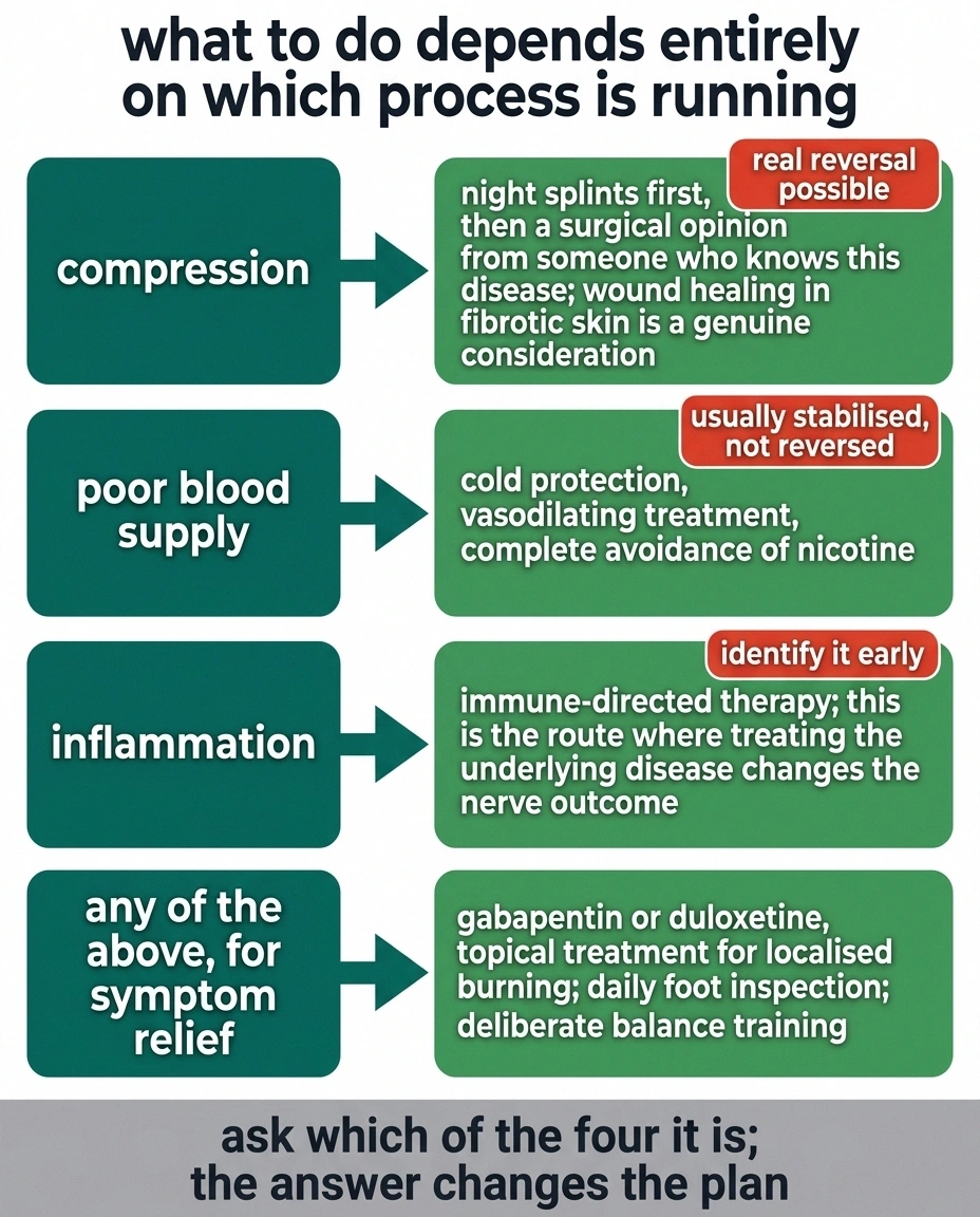 Matrix pairing four causes of scleroderma nerve damage with the treatment each one calls for.