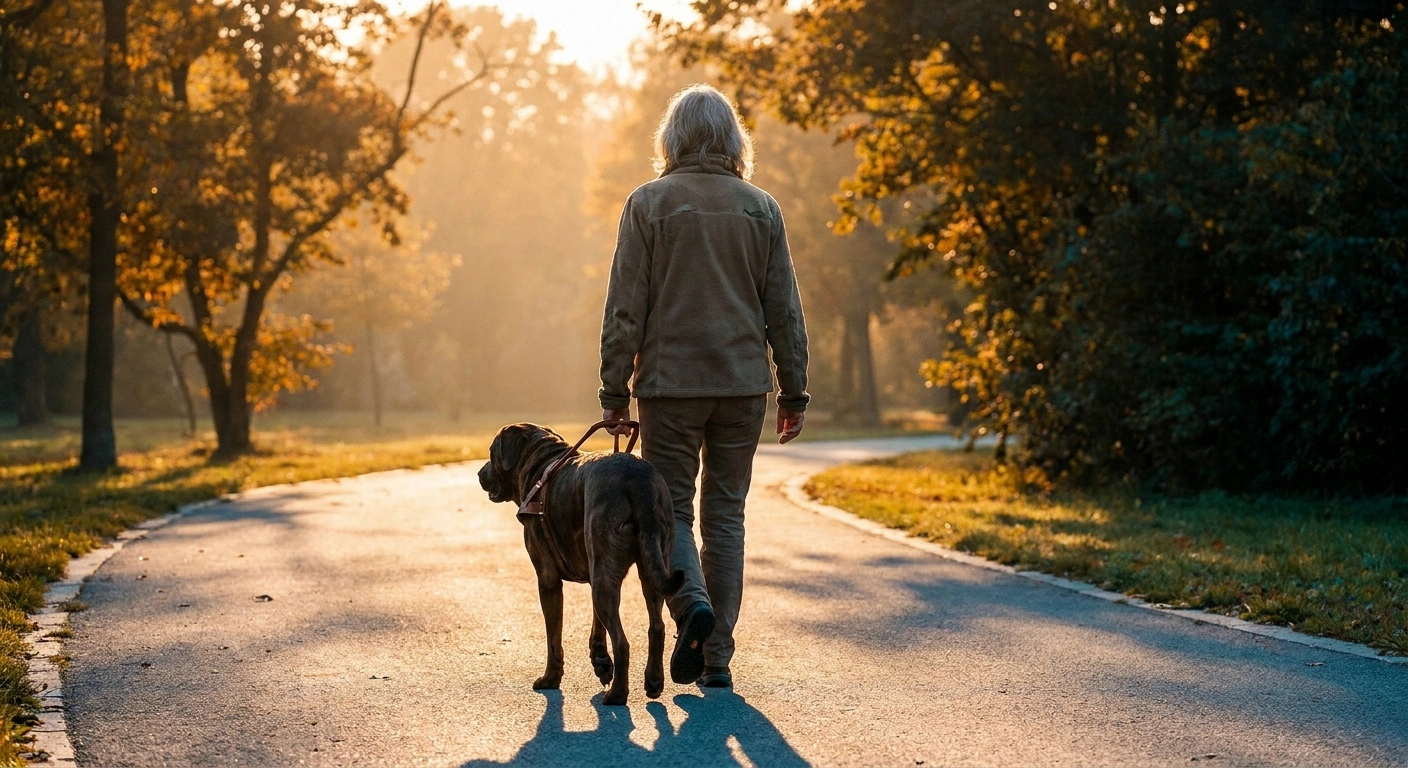Woman walking away down a park path beside a large service dog in late sun