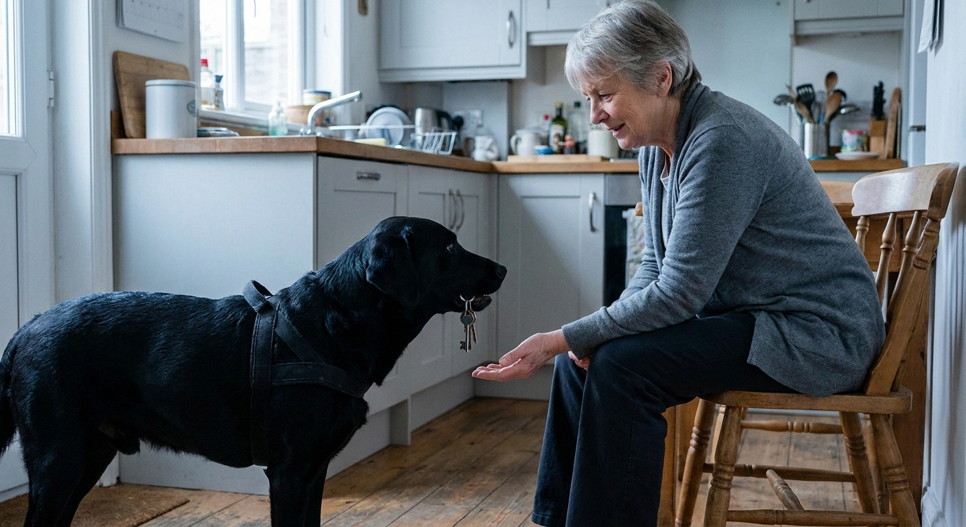 Service dog picking up dropped keys and passing them to a seated woman