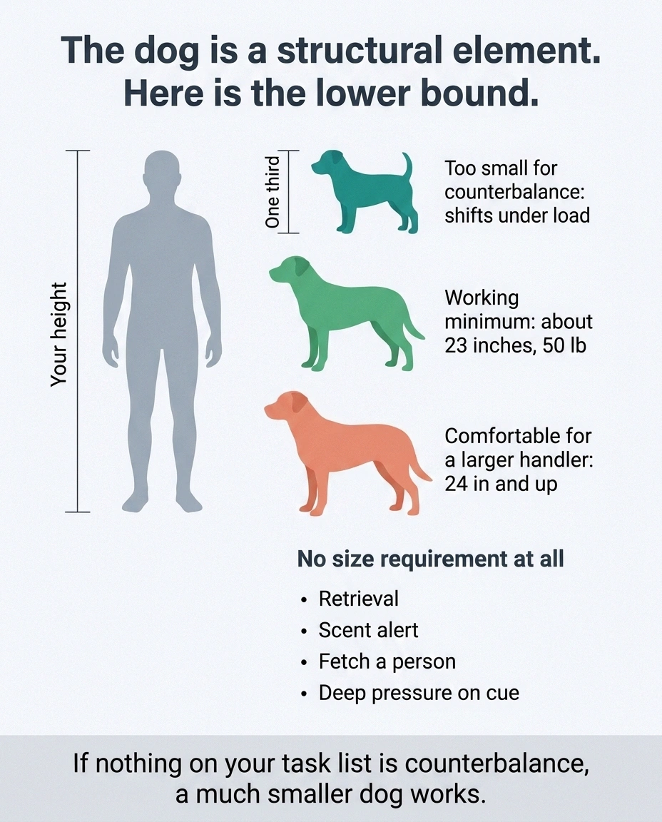 Scale diagram comparing dog shoulder height against handler height for counterbalance