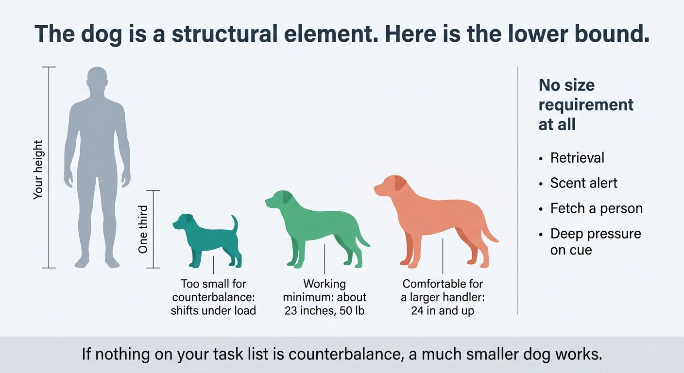 Scale diagram comparing dog shoulder height against handler height for counterbalance