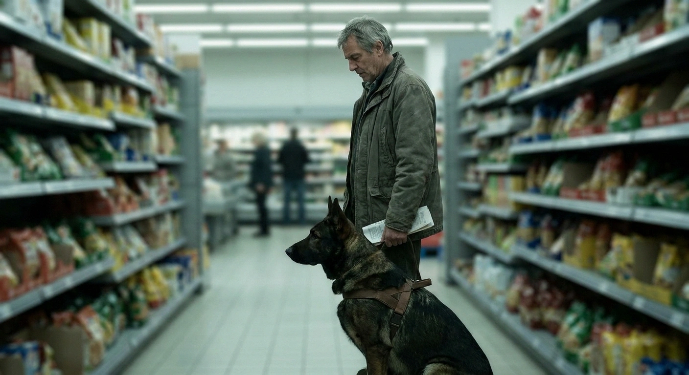 Service dog sitting close beside a man in a supermarket aisle as a buffer