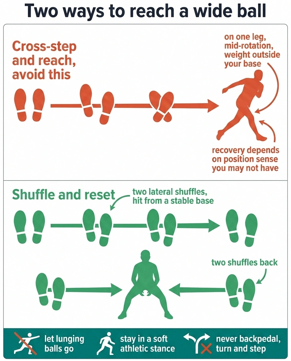 Footwork diagram comparing cross-step reaching with lateral shuffle steps