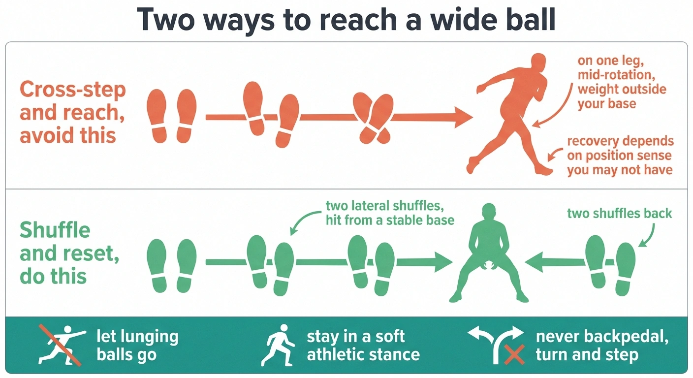 Footwork diagram comparing cross-step reaching with lateral shuffle steps