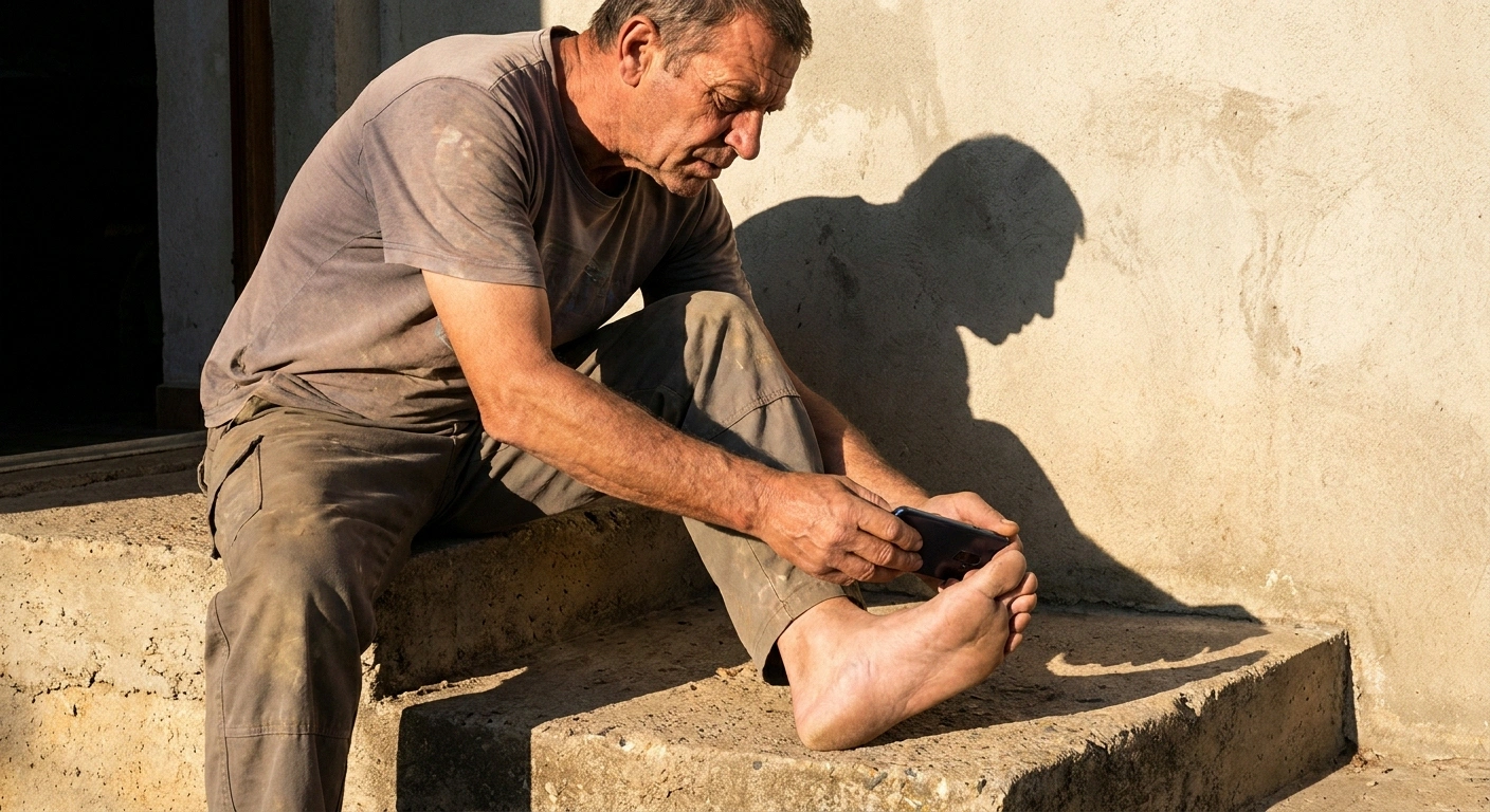 Man photographing the sole of his own foot in bright daylight on a doorstep