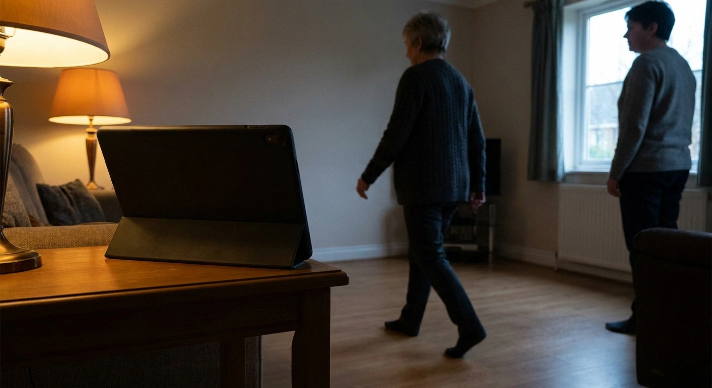 Woman walking across a room in view of a propped tablet during a video visit