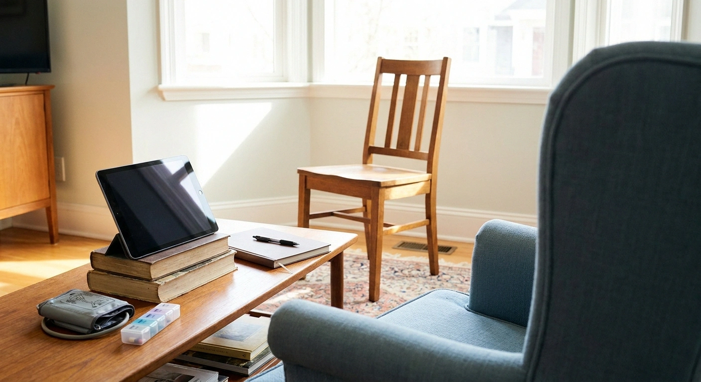 Living room set up for a video appointment with propped tablet and notes