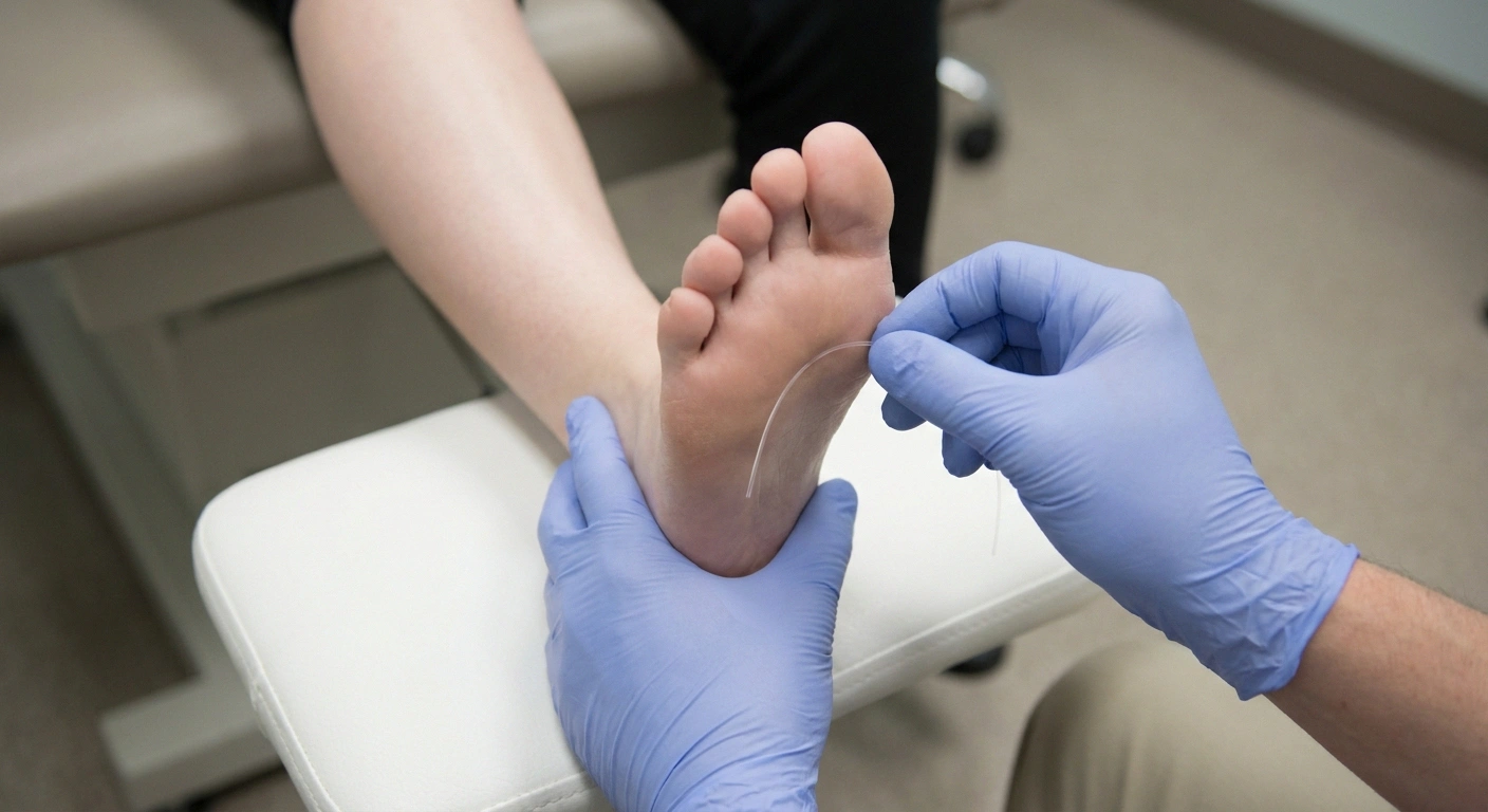 Clinician pressing a nylon monofilament against the sole of a bare foot
