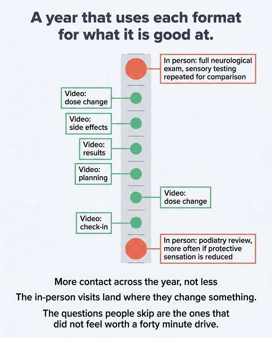 Twelve-month planner alternating in-person exams with shorter video check-ins