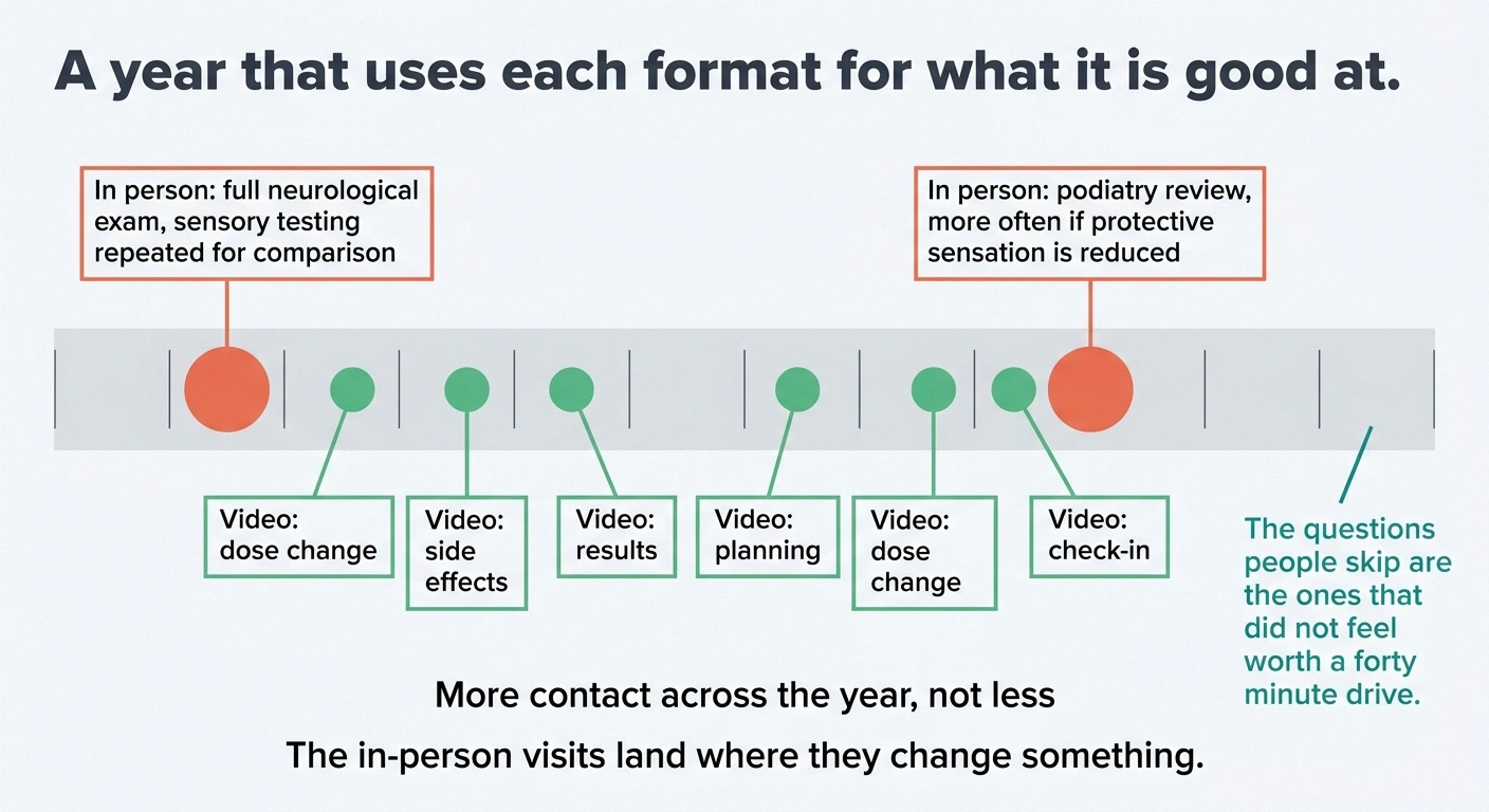 Twelve-month planner alternating in-person exams with shorter video check-ins