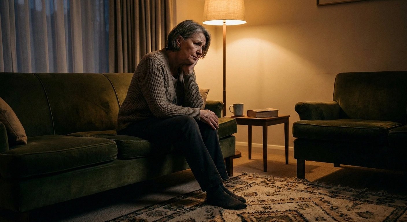 Woman sitting on a sofa in evening lamplight, attentive to a new sensation