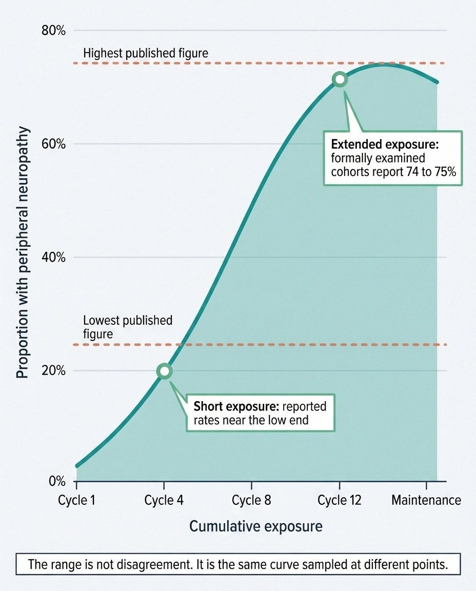 Rising curve showing neuropathy risk increasing with cumulative thalidomide exposure