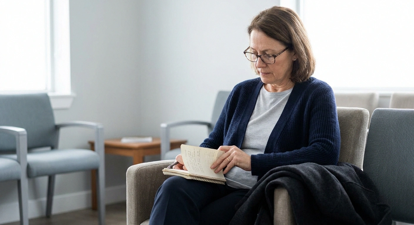 Woman reviewing her own handwritten notes before a medical appointment