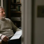 Older man in an armchair by a window with an open notebook, thinking