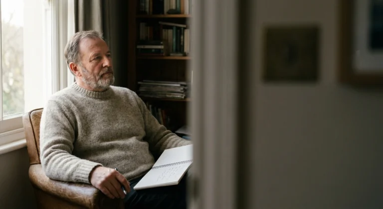 Older man in an armchair by a window with an open notebook, thinking