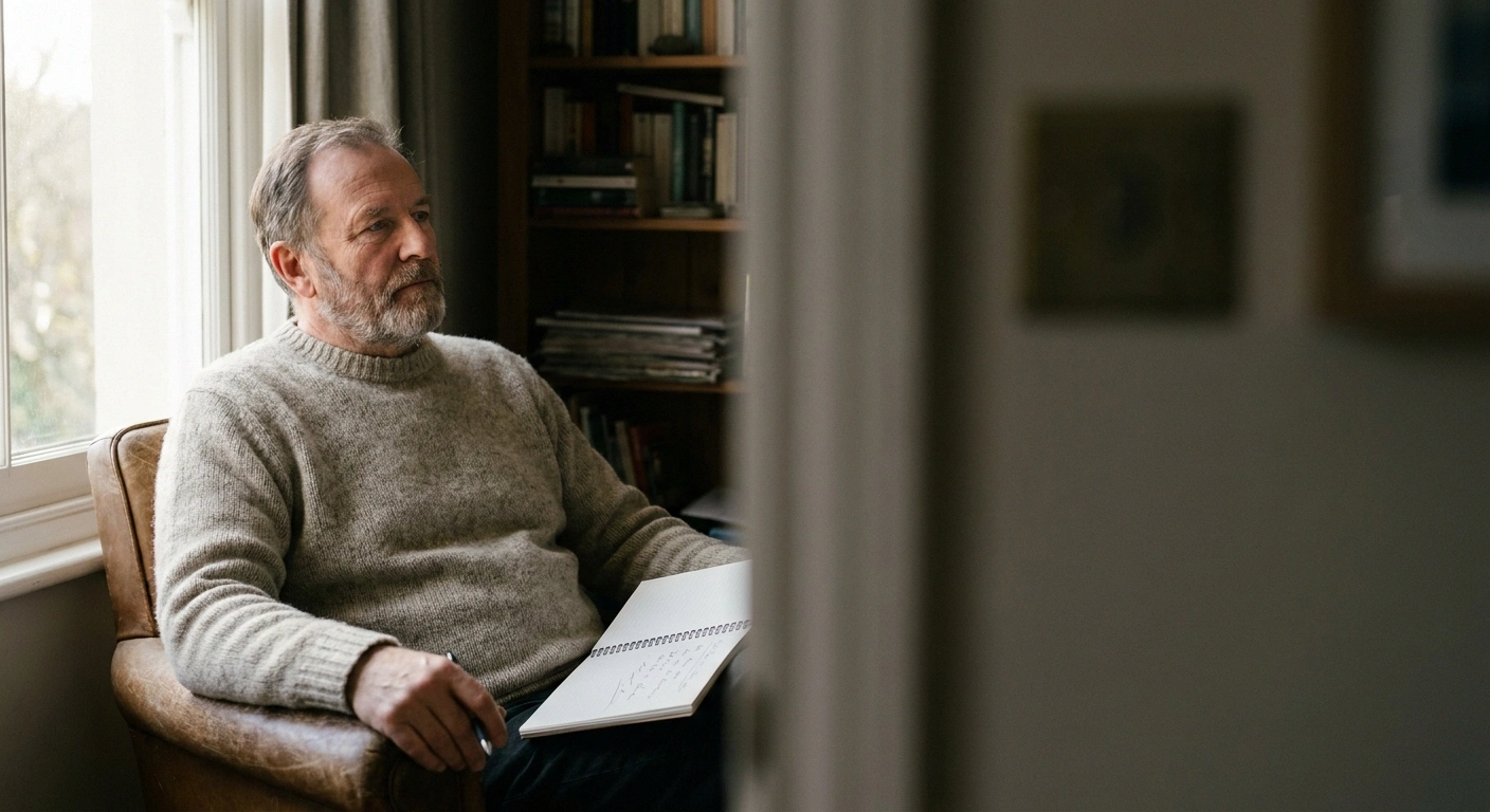 Older man in an armchair by a window with an open notebook, thinking