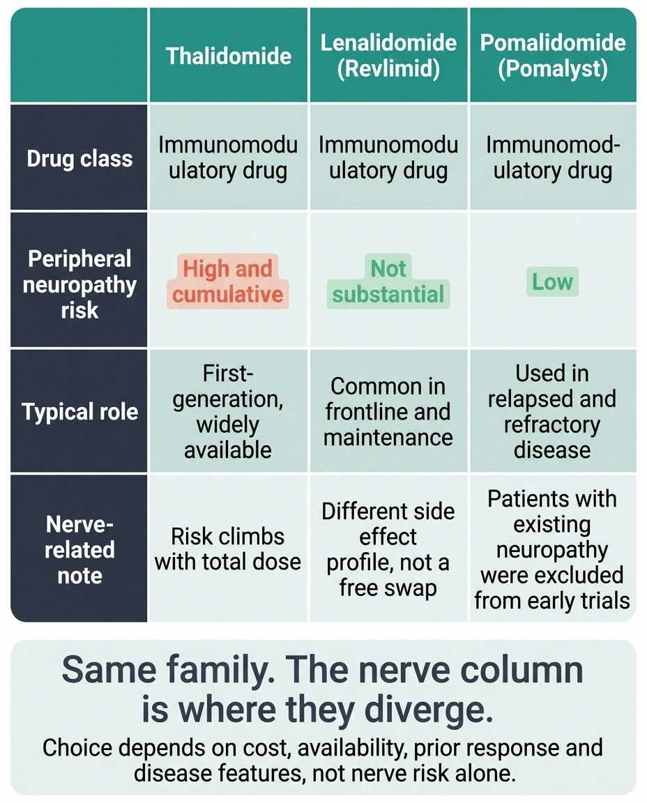 Comparison grid of thalidomide, lenalidomide and pomalidomide nerve risk