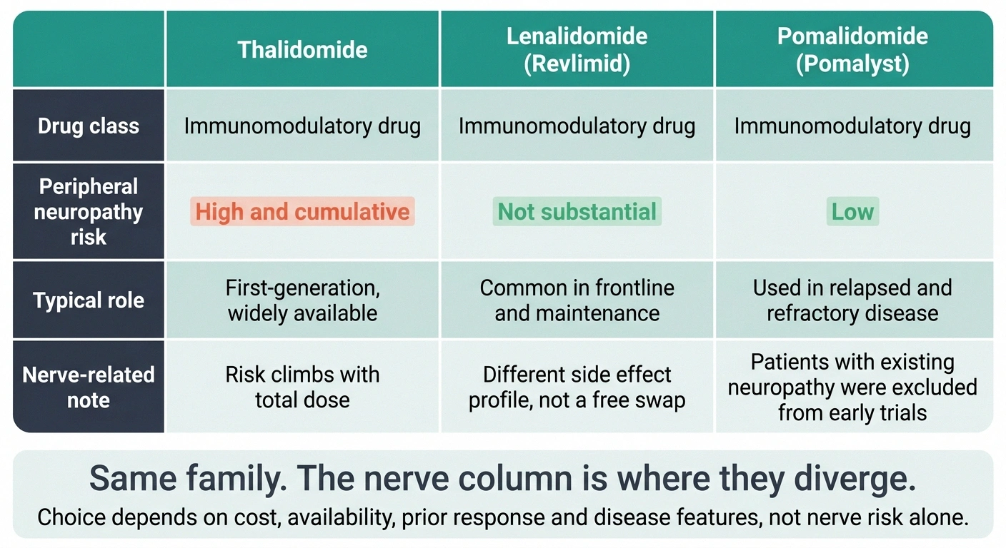 Comparison grid of thalidomide, lenalidomide and pomalidomide nerve risk
