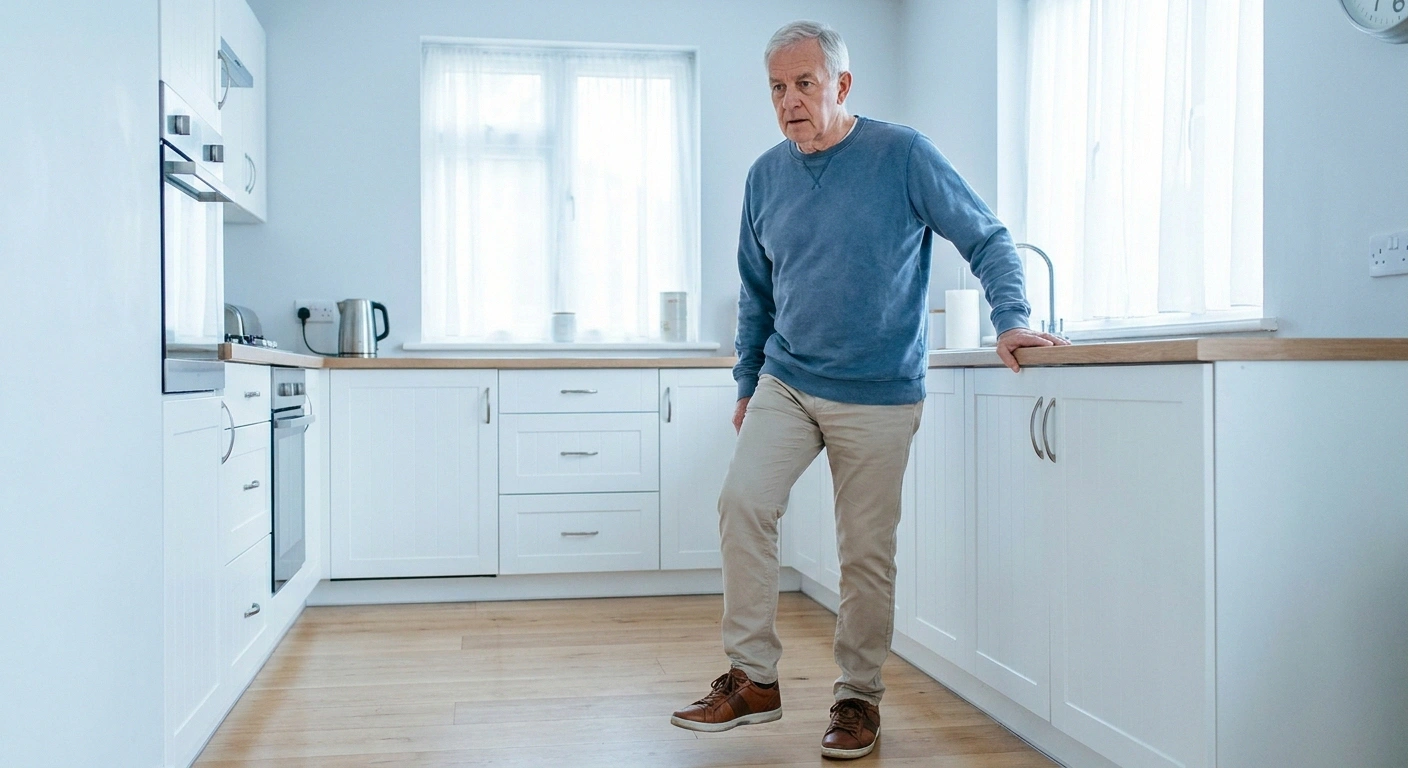 Older man practising single-leg balance while holding a kitchen counter