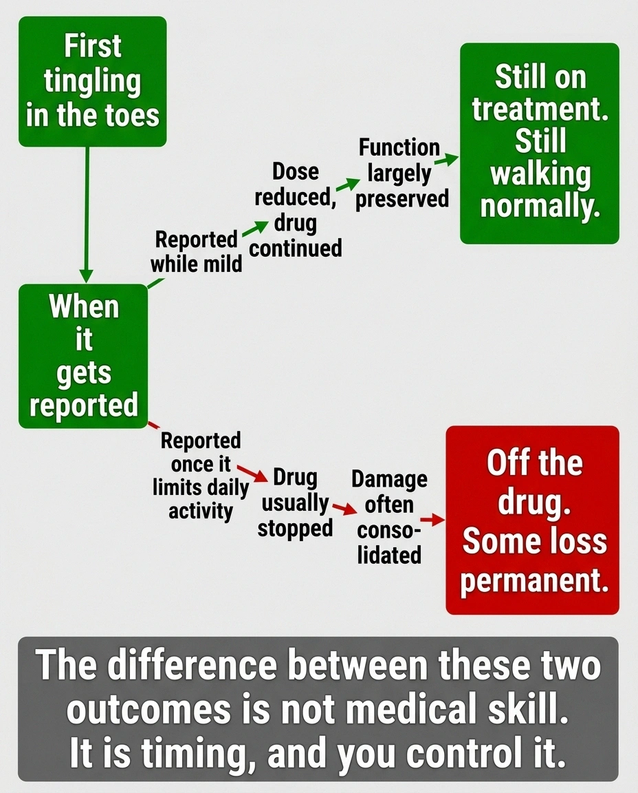 Fork diagram contrasting early and late reporting of thalidomide neuropathy symptoms