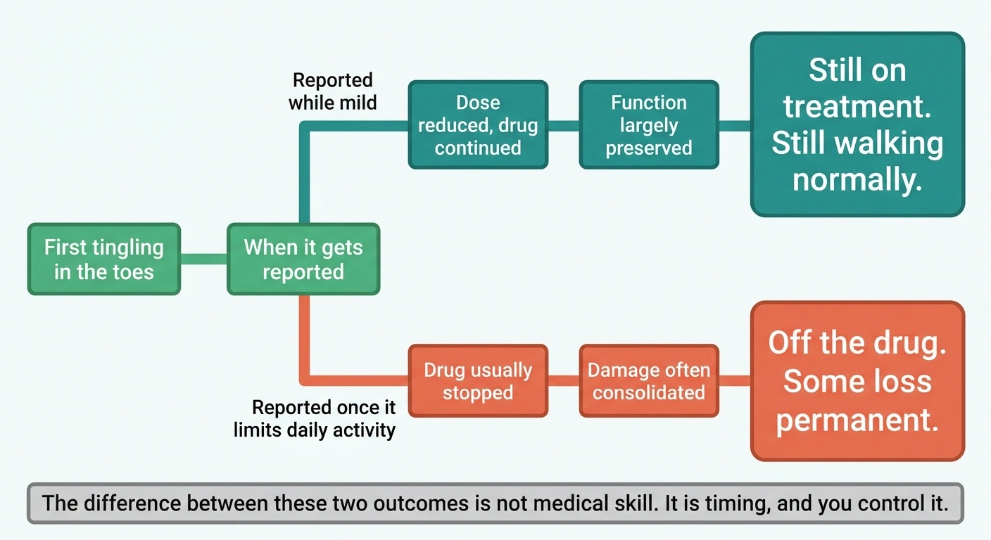 Fork diagram contrasting early and late reporting of thalidomide neuropathy symptoms