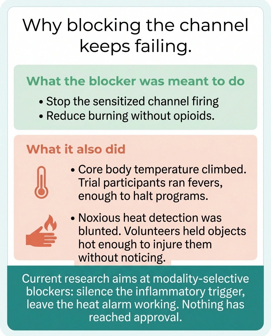 Card contrasting the intended benefit of TRPV1 blockers with fever and burn risk