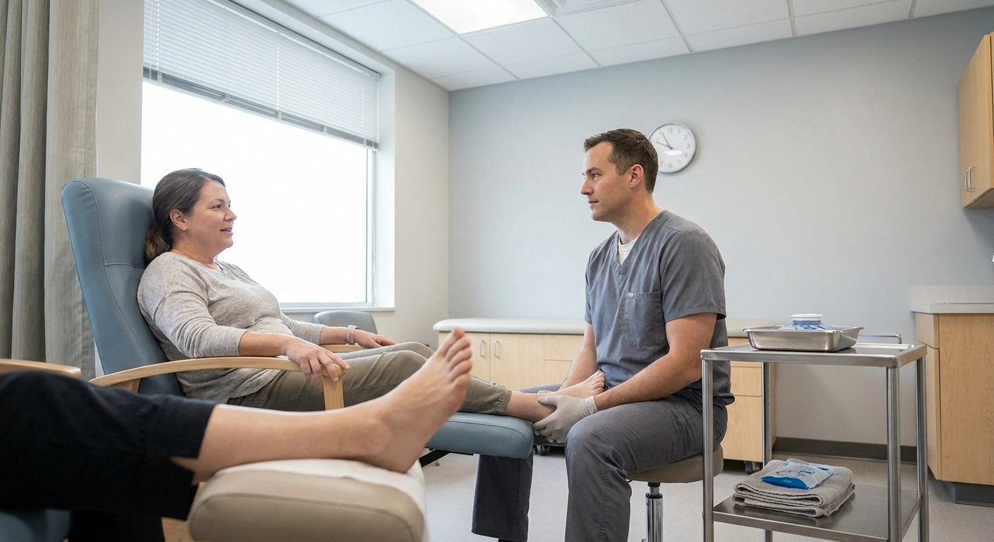 Clinician seated beside a patient during a timed foot treatment in an outpatient room