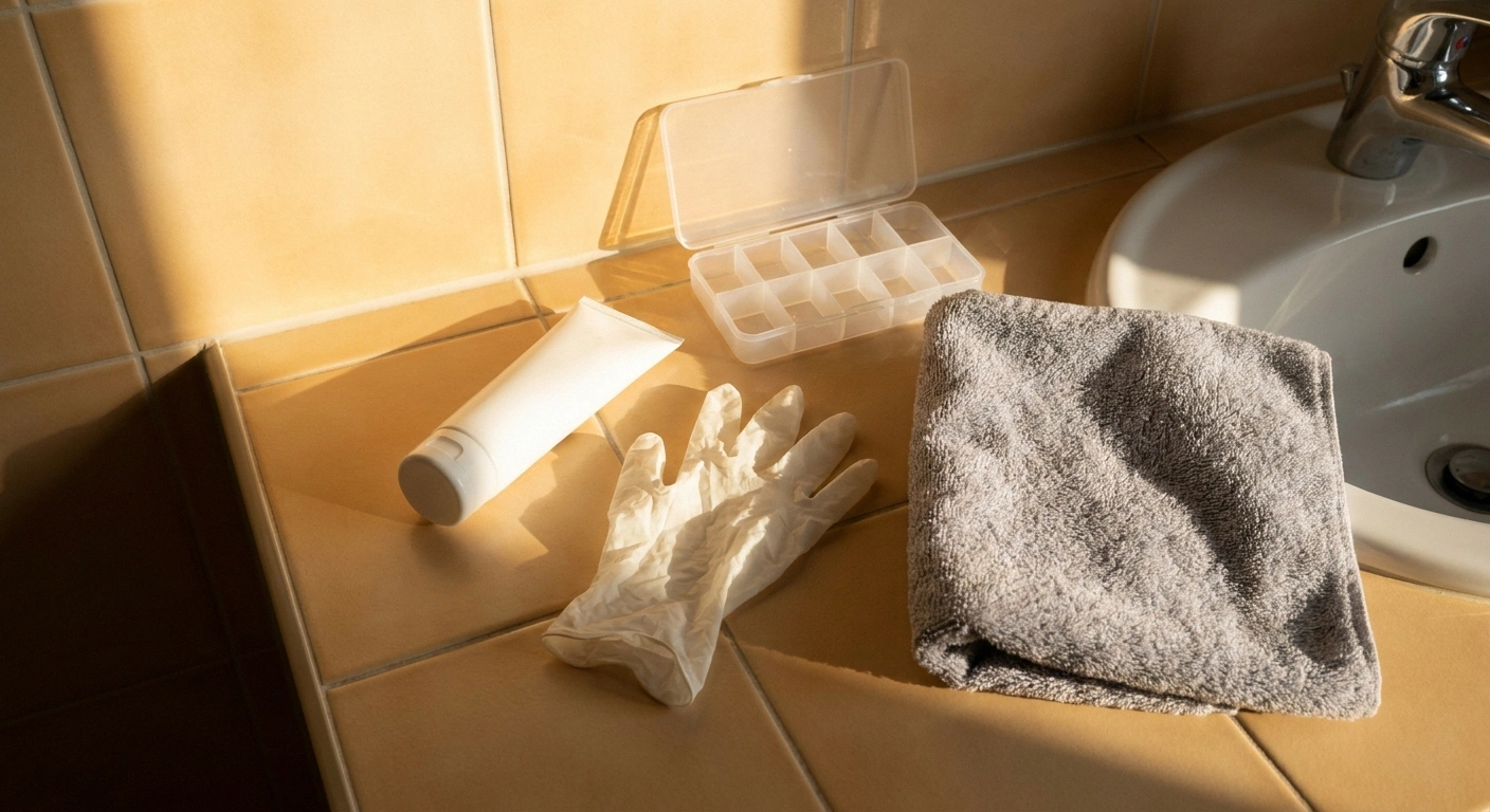 Unlabelled cream tube, a glove and a pill organiser on a sunlit bathroom counter