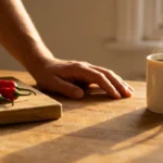 Red chili peppers and a steaming mug of tea side by side on a kitchen counter