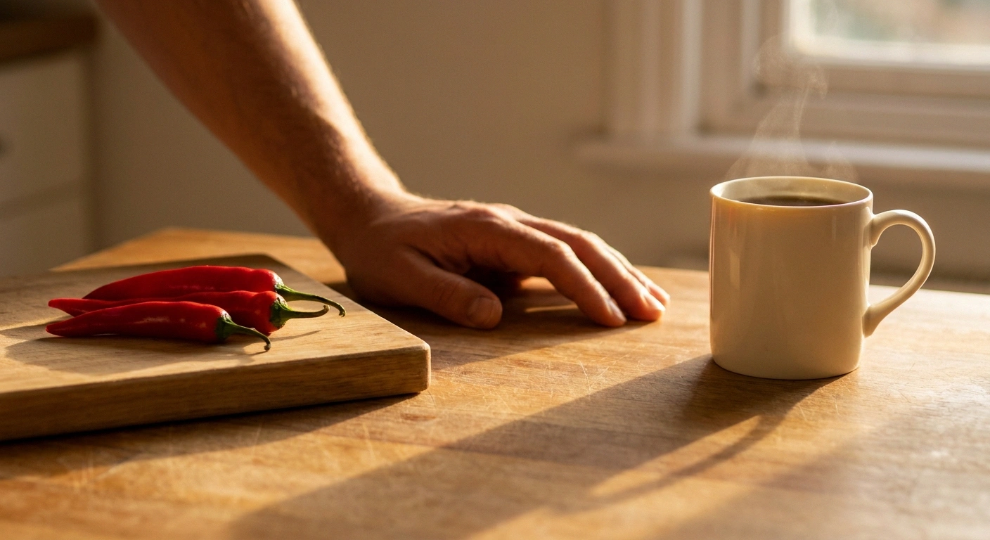 Red chili peppers and a steaming mug of tea side by side on a kitchen counter