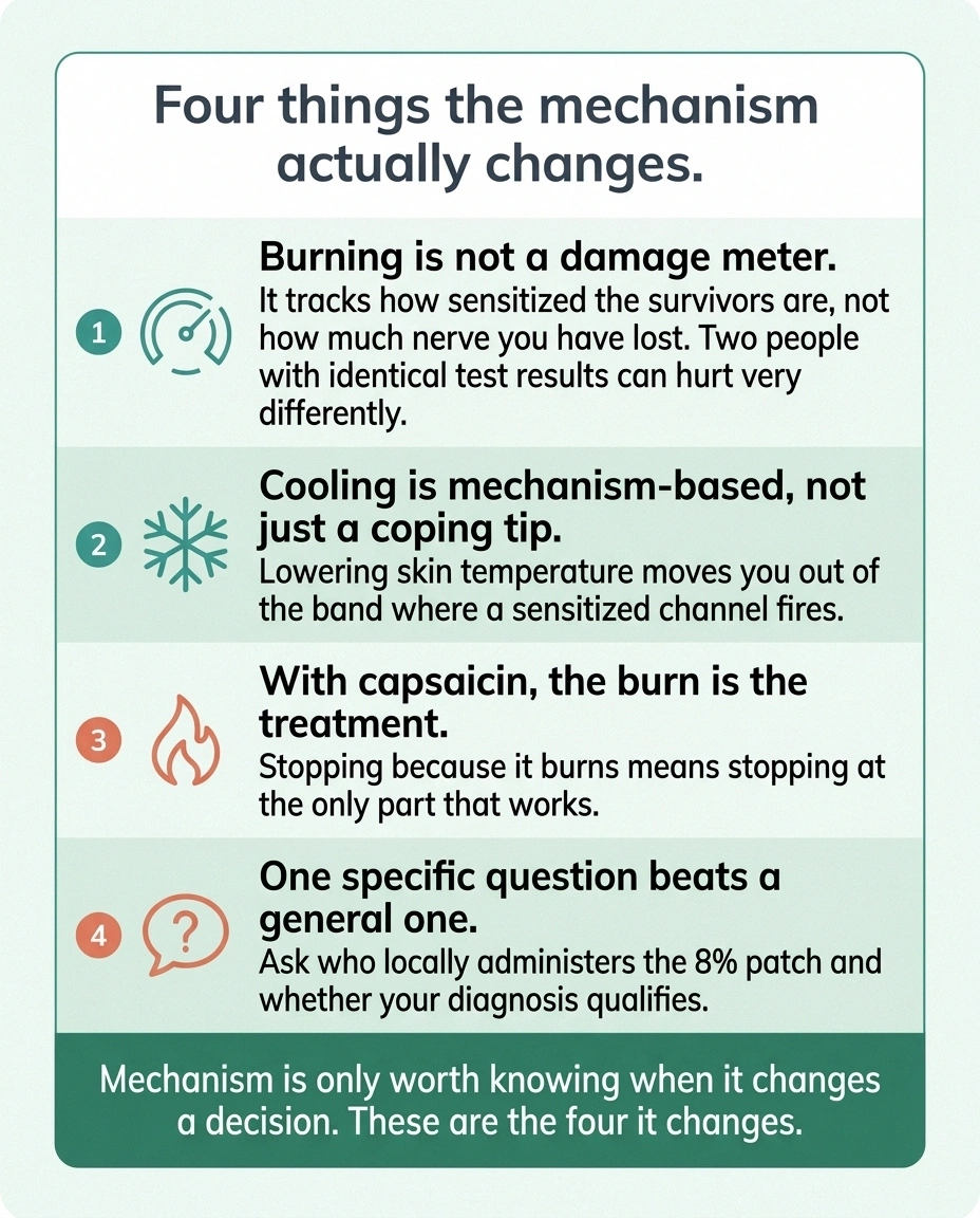 Closing card listing four practical takeaways about burning feet and capsaicin