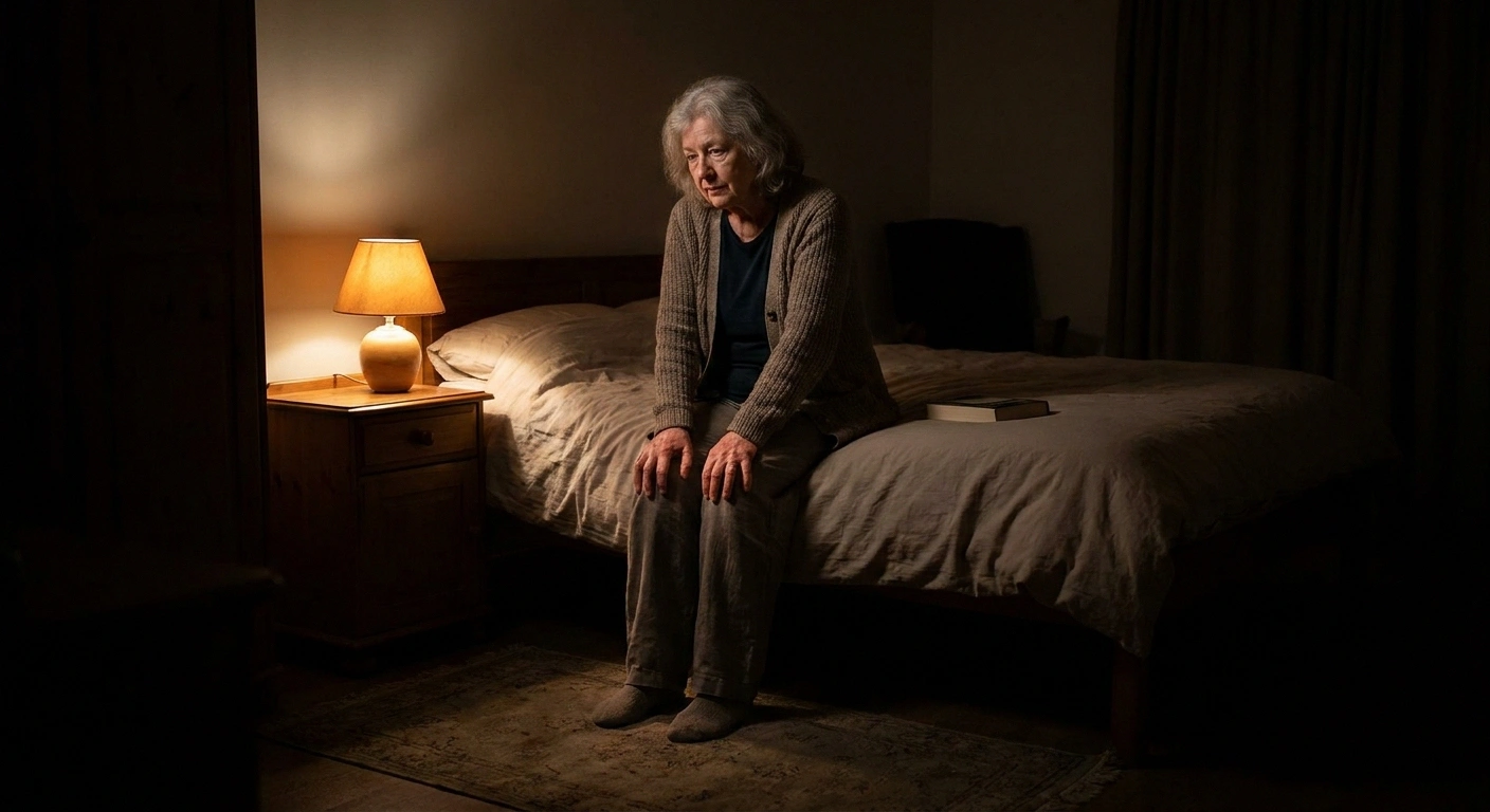 Woman sitting on the edge of a bed at night lit only by a single bedside lamp
