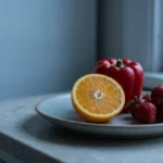 Halved orange, red pepper and strawberries on a plate in cool early morning light