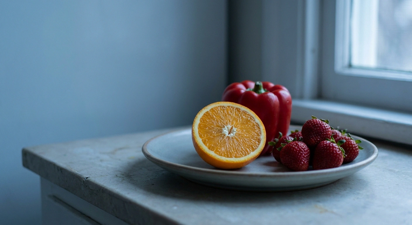 Halved orange, red pepper and strawberries on a plate in cool early morning light