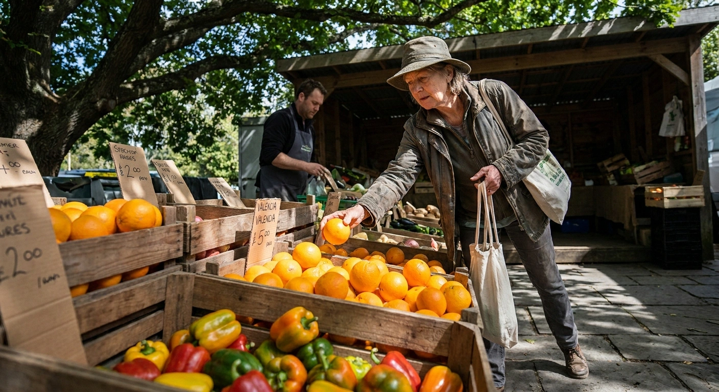 Customer reaching for an orange at an outdoor produce stall in dappled midday shade