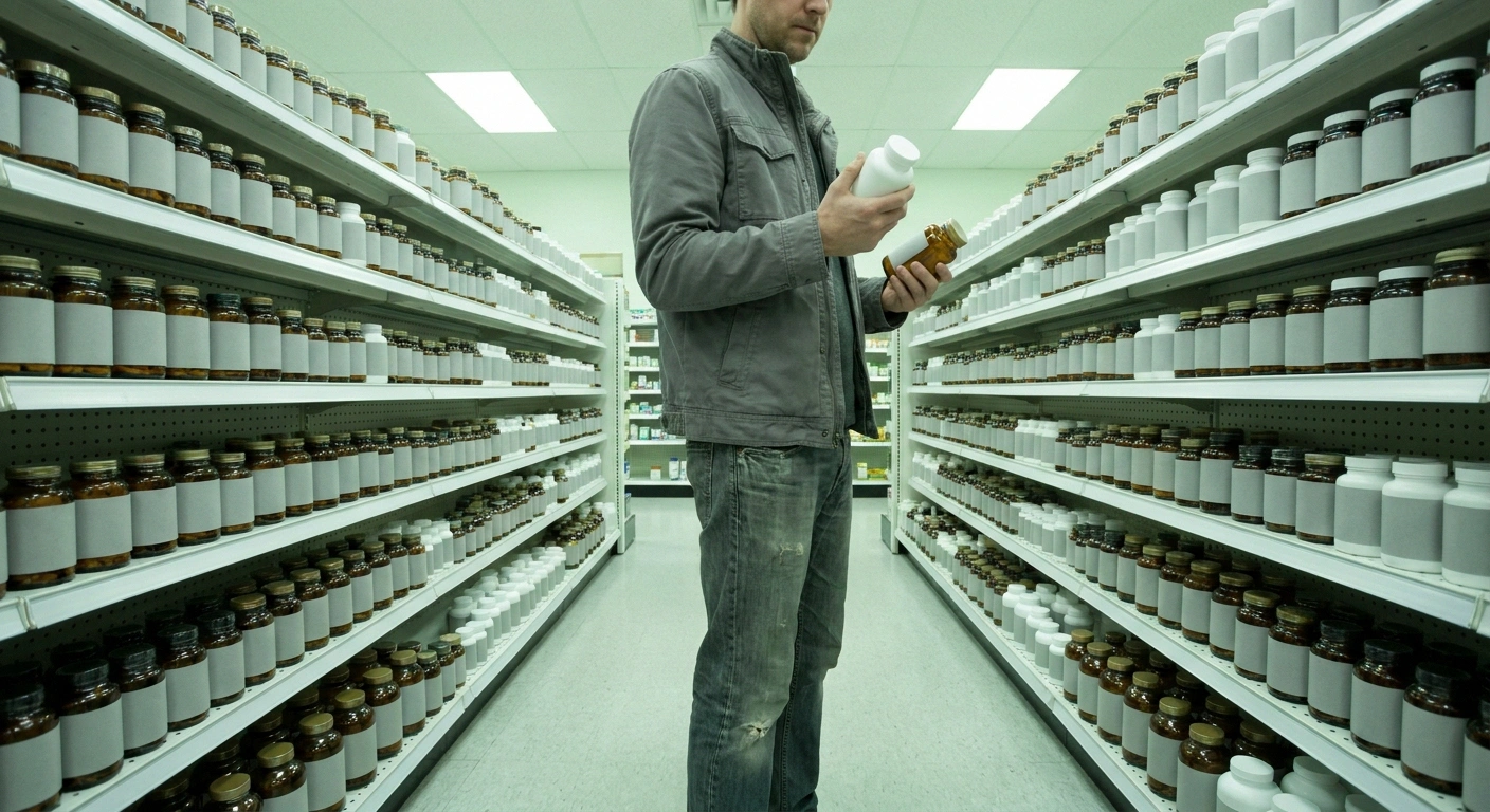 Shopper comparing two plain unlabelled supplement bottles in a bright store aisle