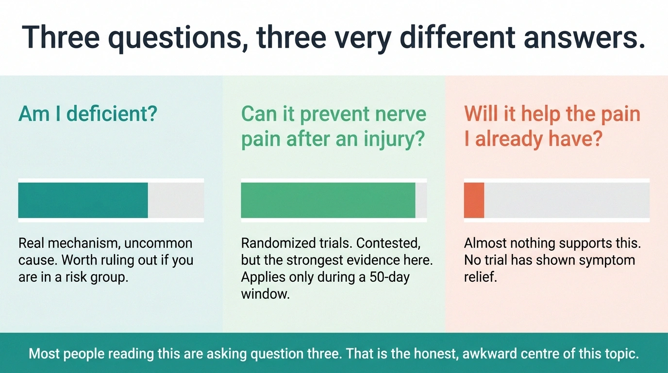 Three-lane diagram comparing evidence strength for deficiency, prevention and treatment