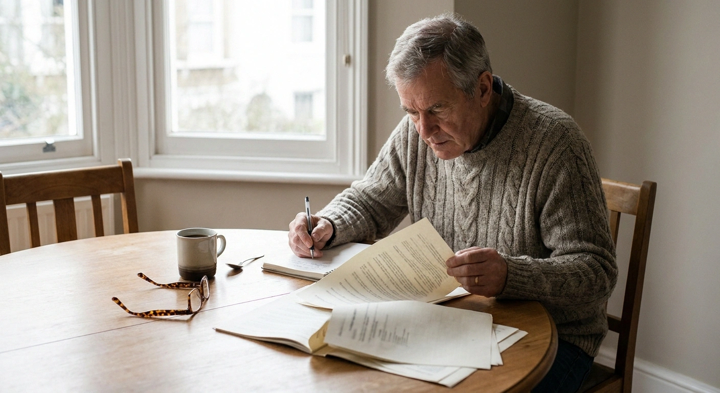 Man at a dining table reviewing printed medical results and writing questions in a notebook.