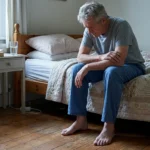 Older man sitting on the edge of a bed looking down at his bare feet in morning light.