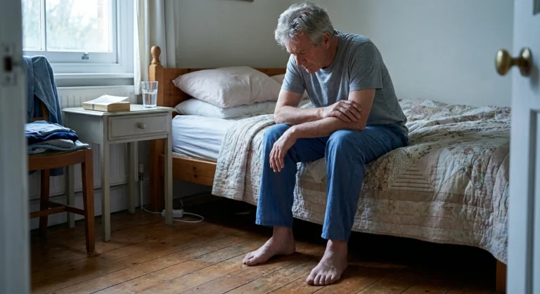 Older man sitting on the edge of a bed looking down at his bare feet in morning light.