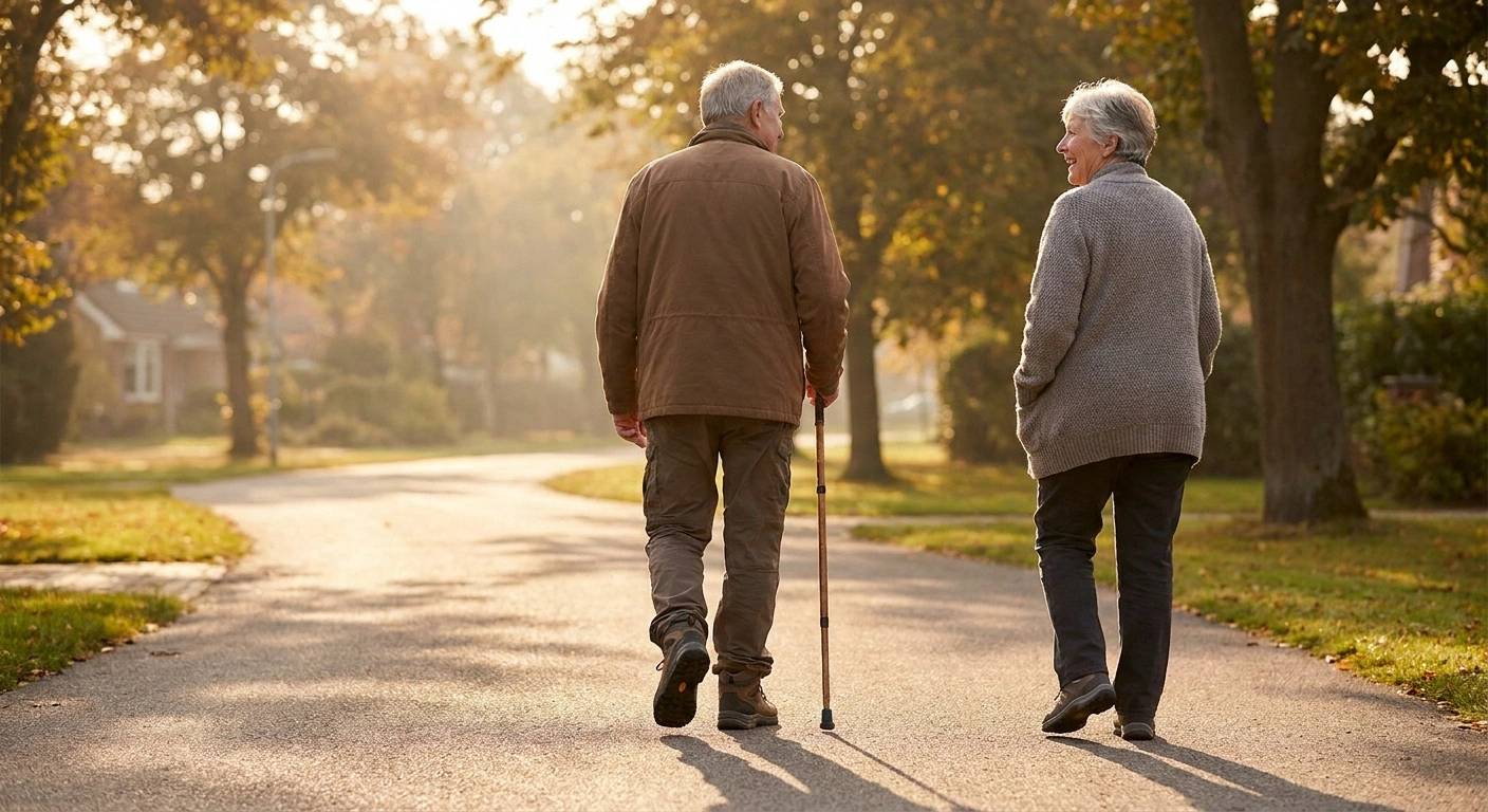 Older couple walking together on a tree-lined path in late afternoon light.