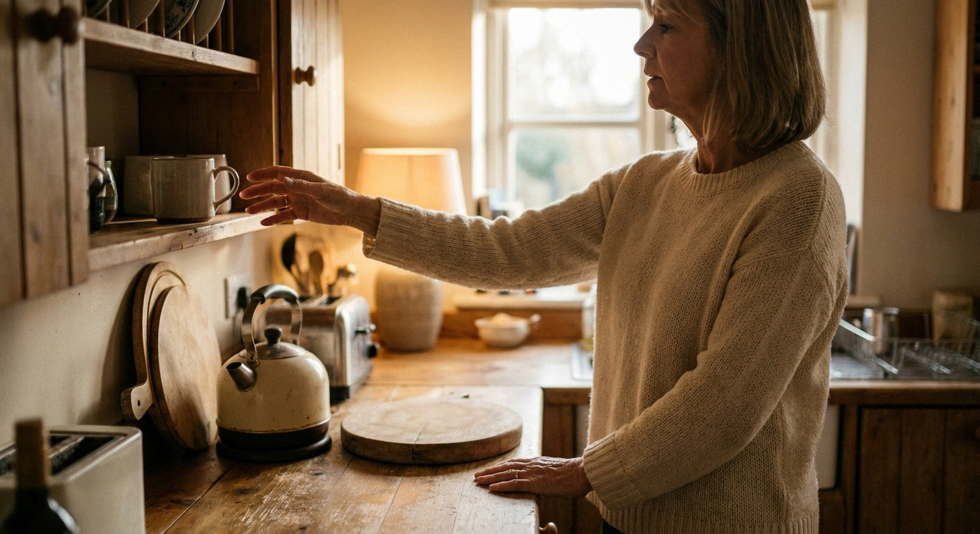 Woman reaching for a mug on a kitchen shelf, steadying herself on the counter.