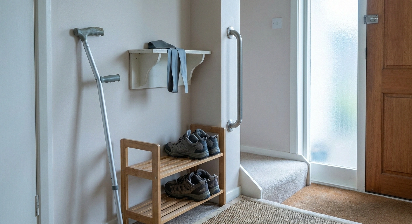 A walking cane, supportive shoes and a wall grab rail in a home entryway
