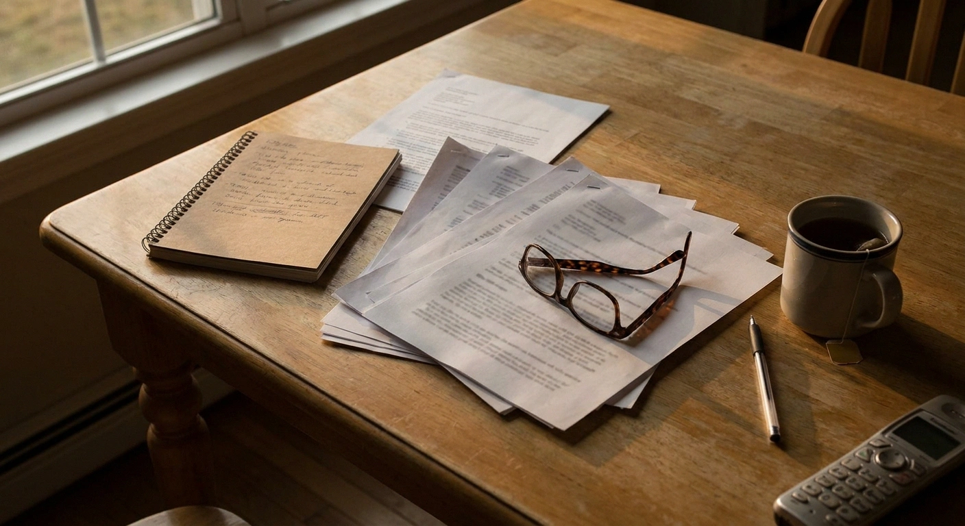 Insurance paperwork, reading glasses and a notebook spread across a kitchen table