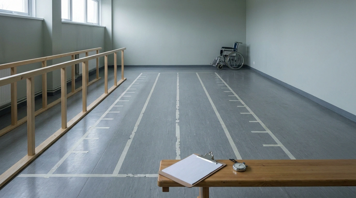 An empty clinical gait testing walkway with floor markers, parallel bars and a stopwatch on a bench