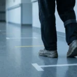 Lower legs of an older adult walking along a marked corridor with a strap around one calf